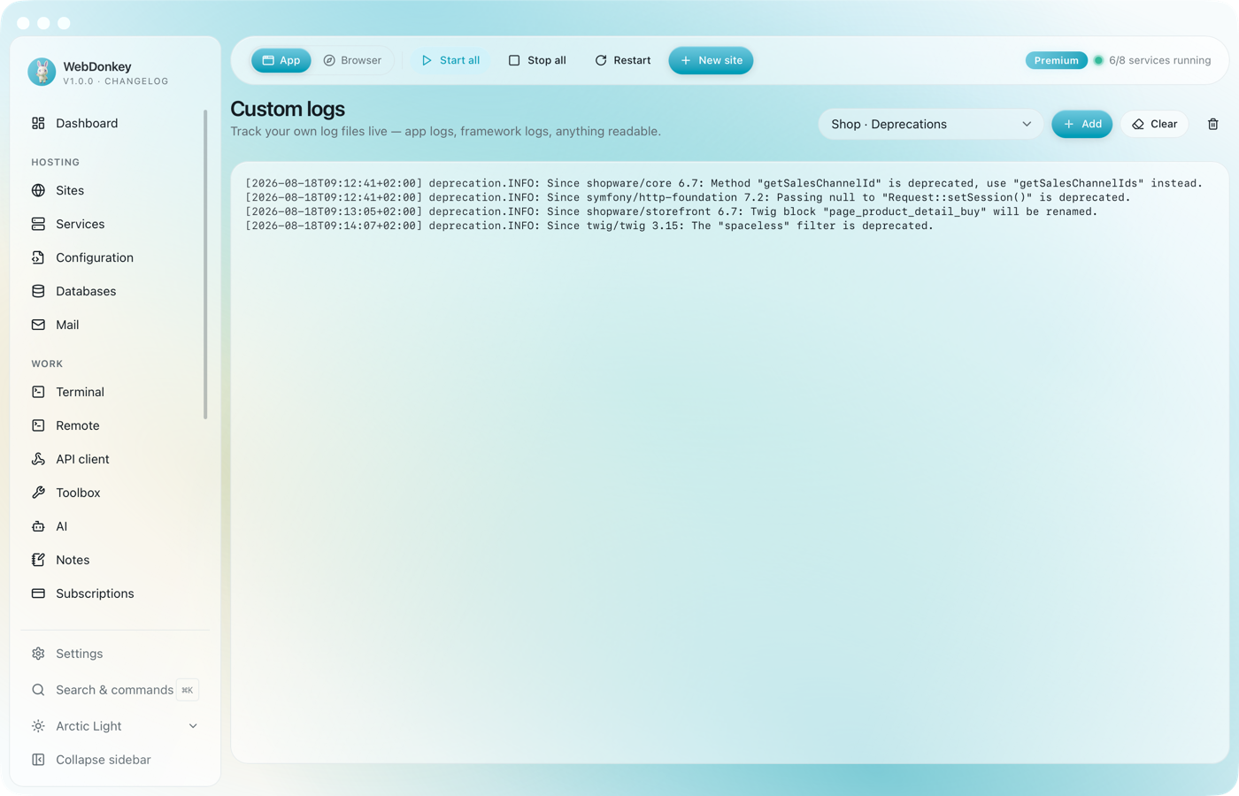 Custom logs page with two registered log files and buttons to clear and remove them