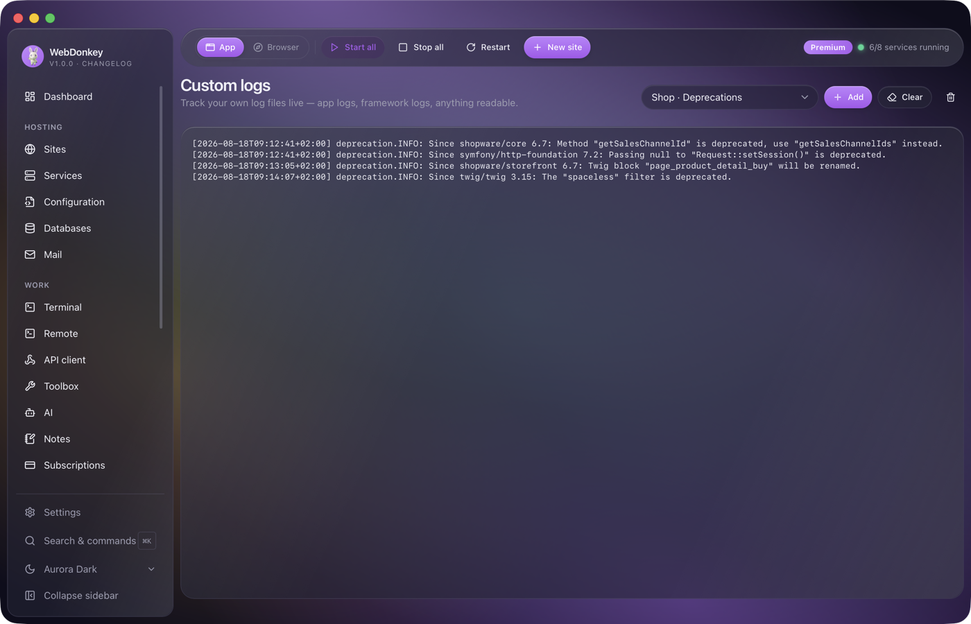Custom logs page with two registered log files and buttons to clear and remove them