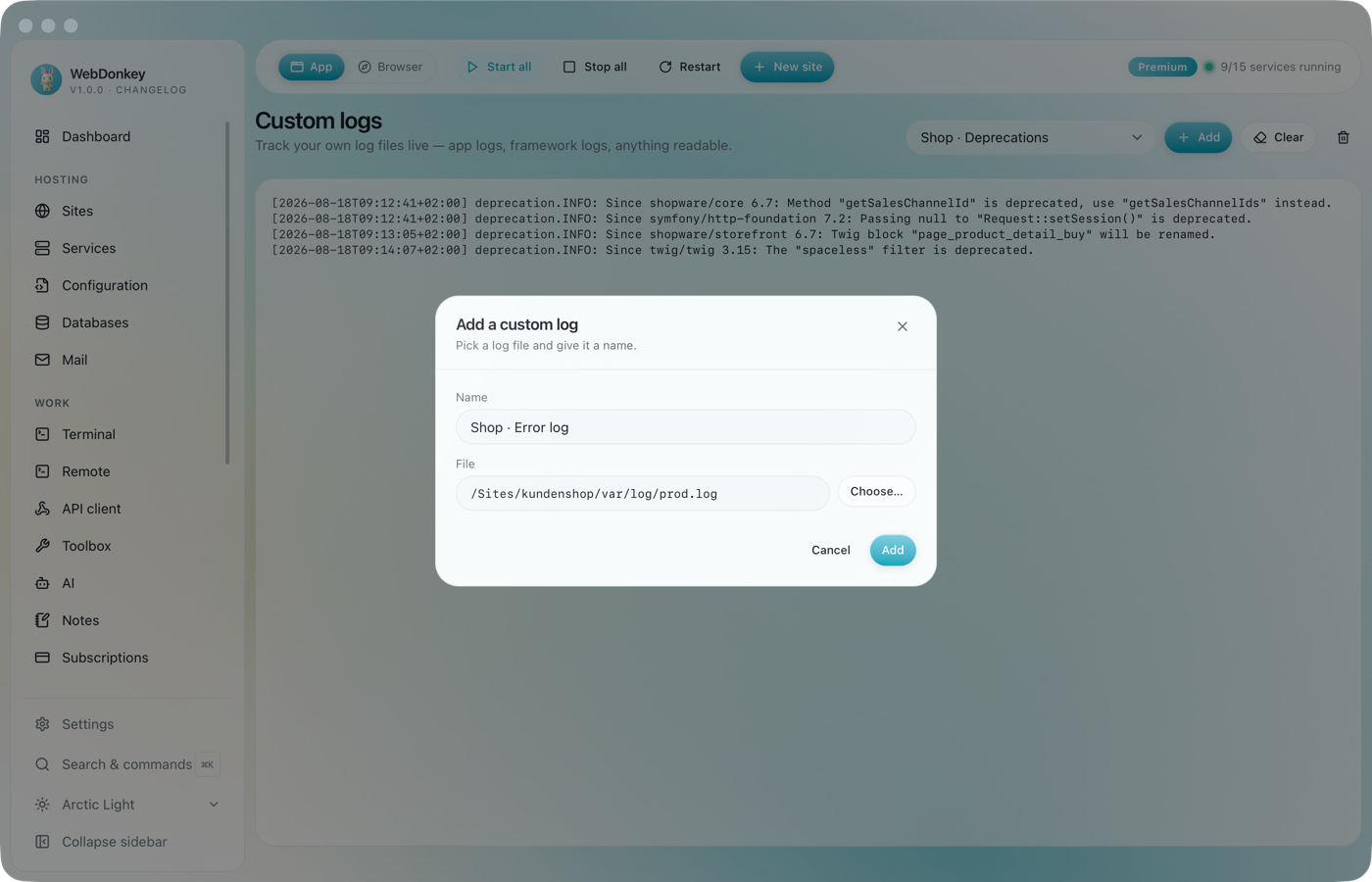 Dialog for adding a custom log with a name field and a file picker