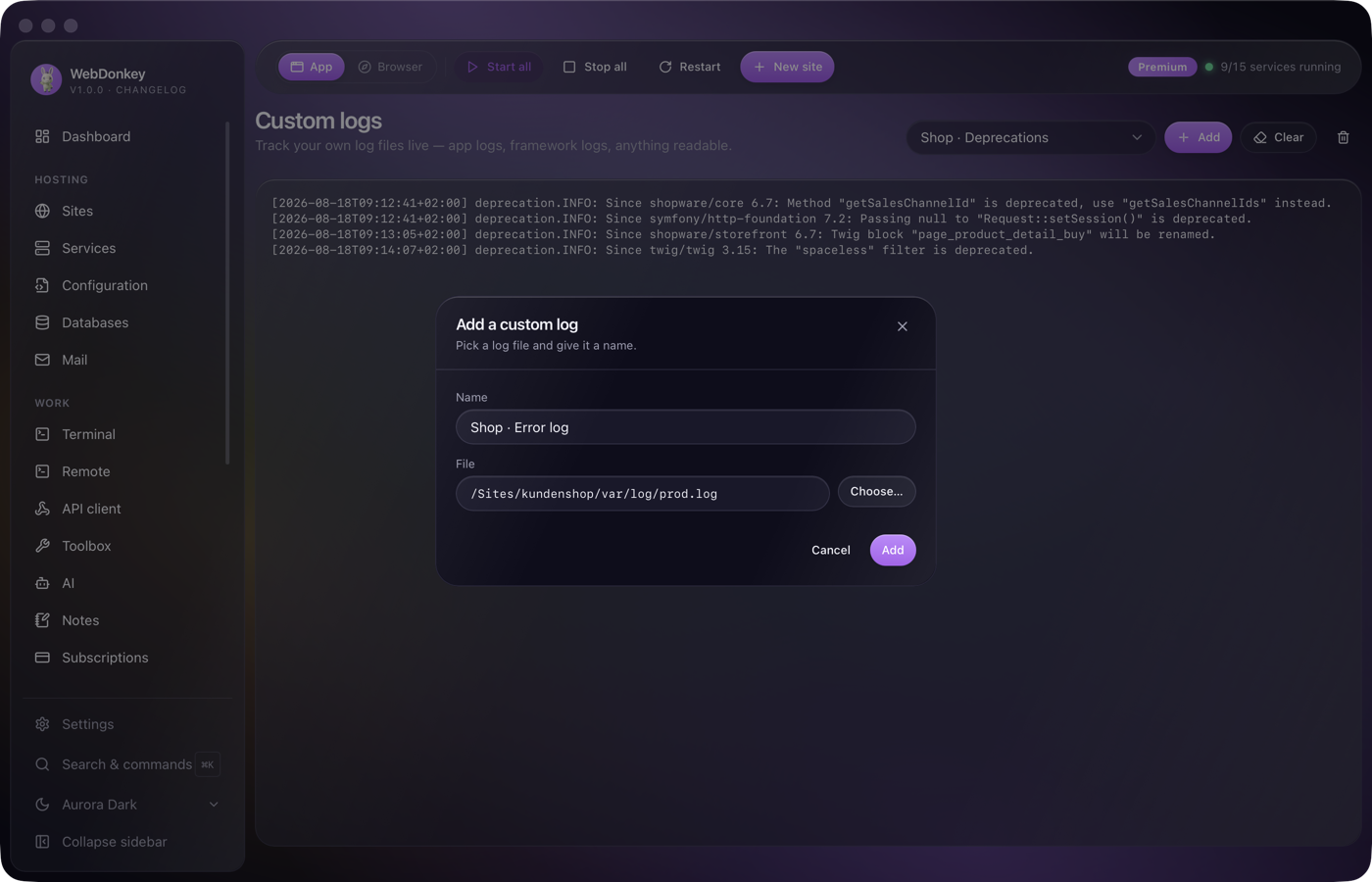 Dialog for adding a custom log with a name field and a file picker