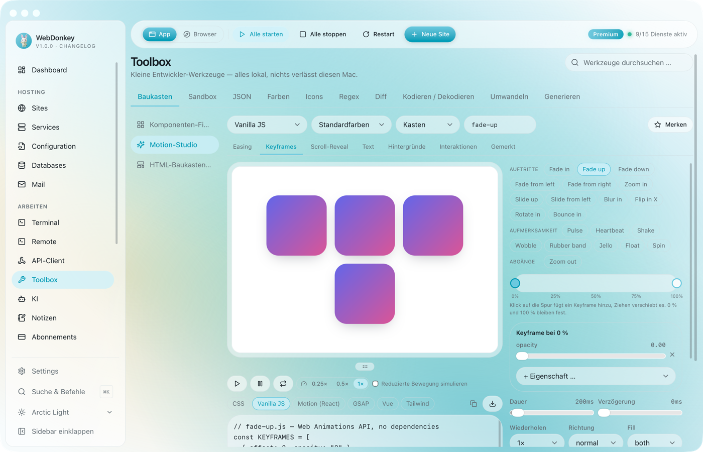 Motion-Studio mit Vorschau links, Preset-Chips und Keyframe-Timeline rechts und dem CSS-Export darunter