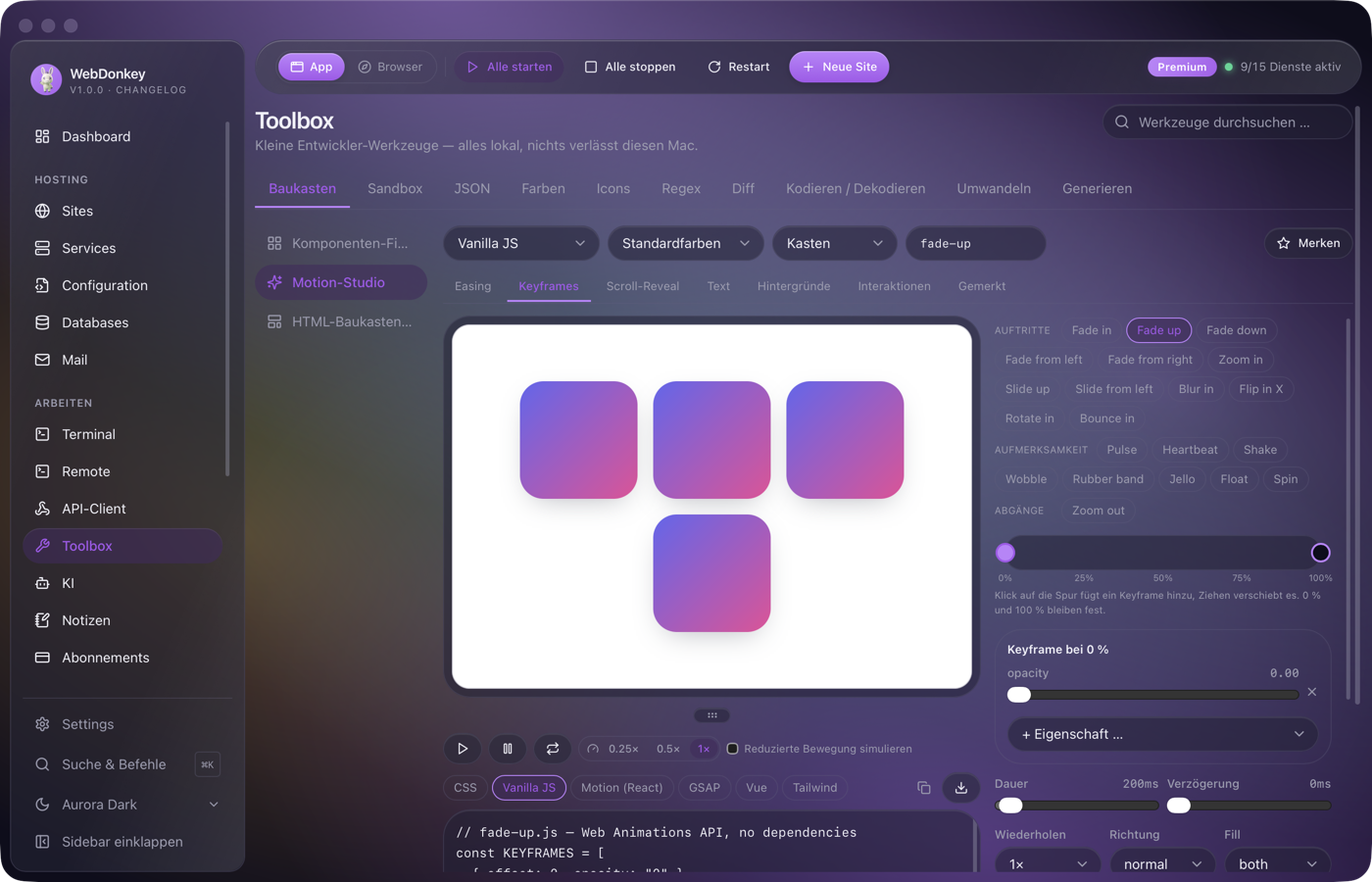 Motion-Studio mit Vorschau links, Preset-Chips und Keyframe-Timeline rechts und dem CSS-Export darunter