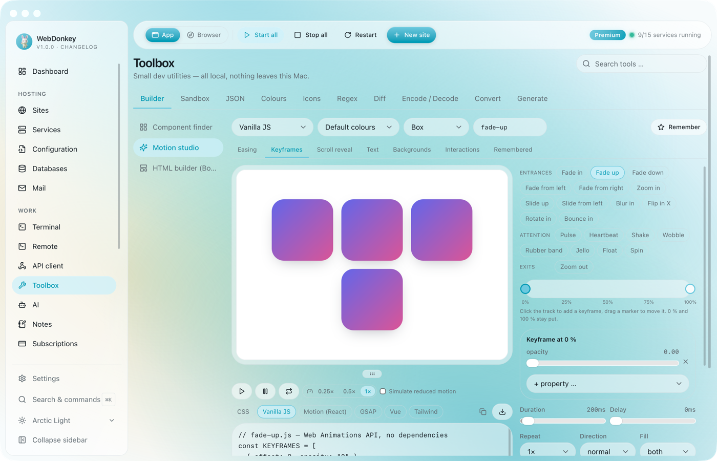 Motion studio with the preview on the left, preset chips and the keyframe timeline on the right and the CSS export below