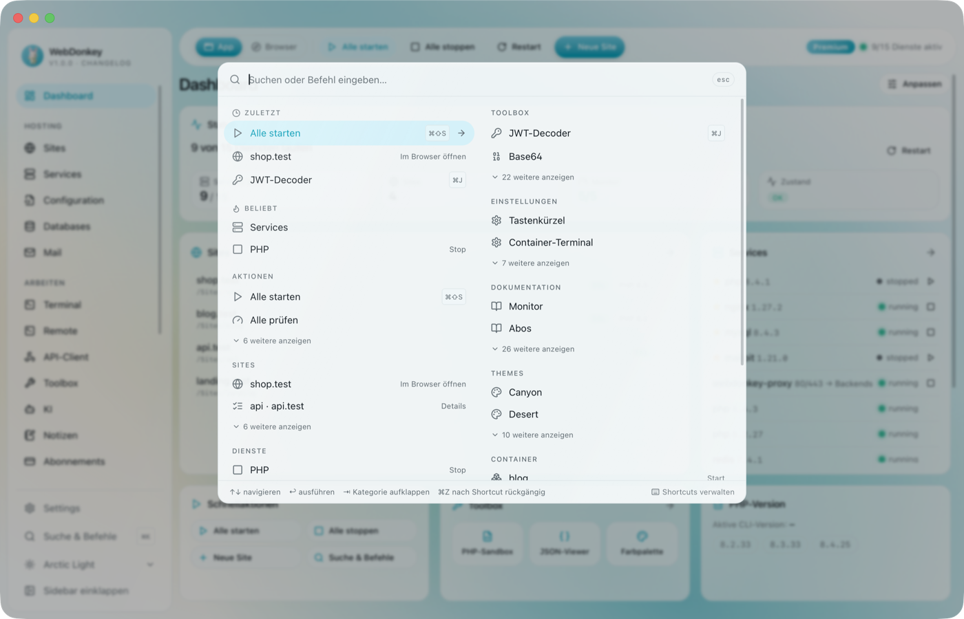 Die Suche über dem Dashboard mit den Bereichen Zuletzt, Beliebt und den Kategorien, einige Einträge mit Shortcut-Tasten