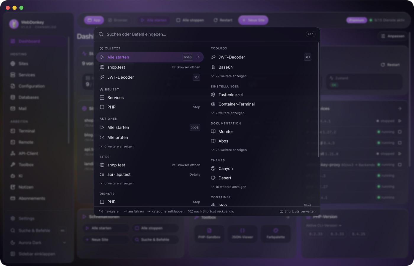 Die Suche über dem Dashboard mit den Bereichen Zuletzt, Beliebt und den Kategorien, einige Einträge mit Shortcut-Tasten