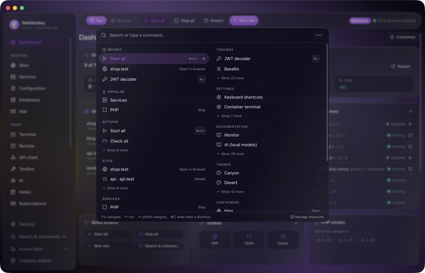 The search over the dashboard with the Recent and Popular sections and the categories, some rows showing shortcut keys