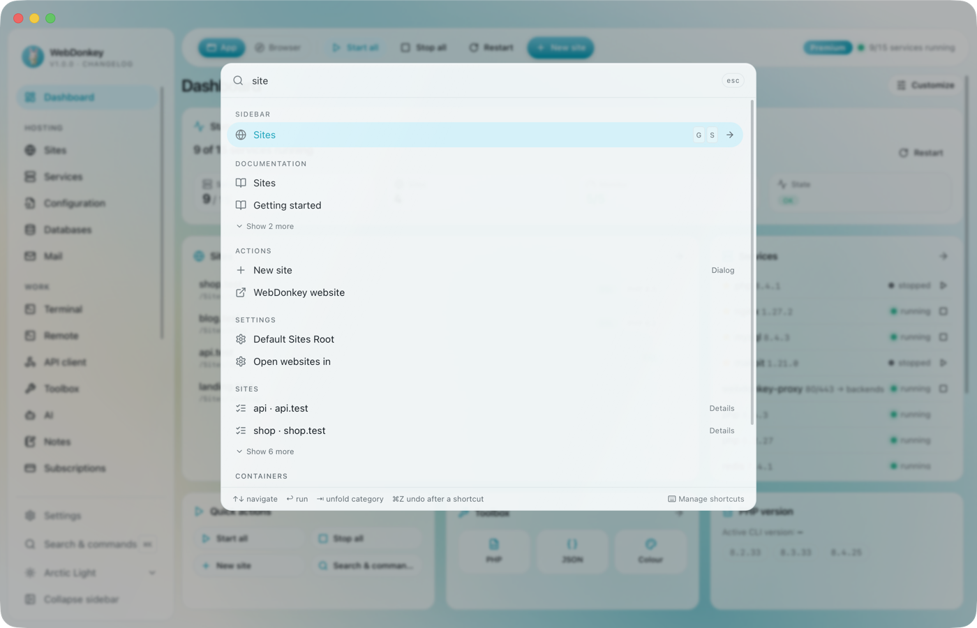 The search with a term typed in, matches grouped by category, shortcut keys at the end of the rows