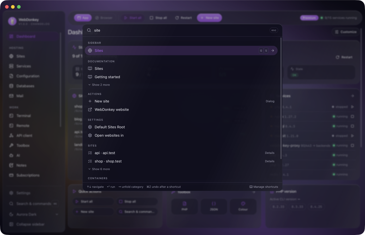 The search with a term typed in, matches grouped by category, shortcut keys at the end of the rows