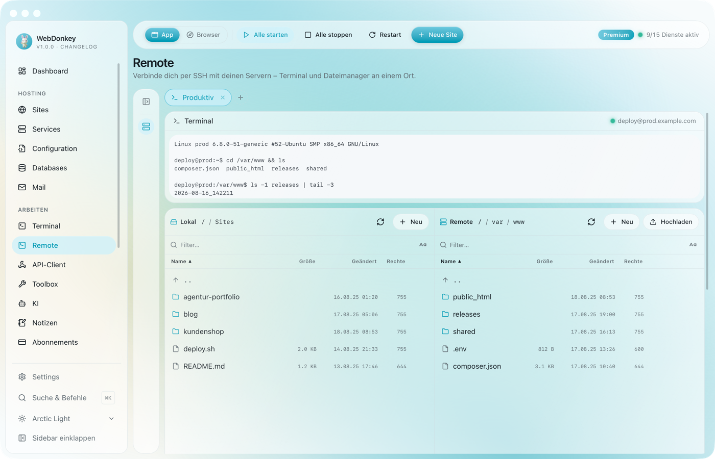 Zweispaltiger Dateimanager, links der Mac, rechts der Server