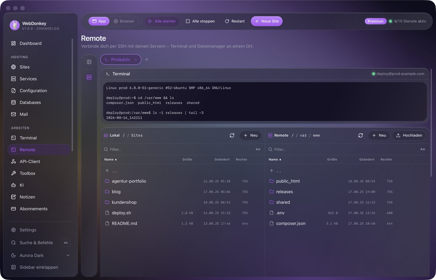 Zweispaltiger Dateimanager, links der Mac, rechts der Server