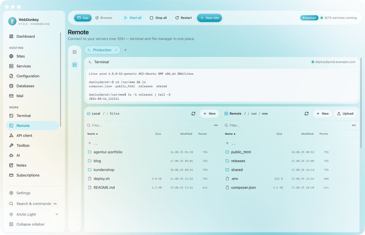 Two-pane file manager, the Mac on the left, the server on the right