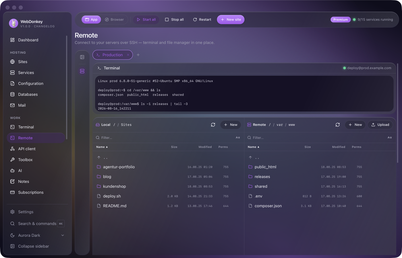 Two-pane file manager, the Mac on the left, the server on the right