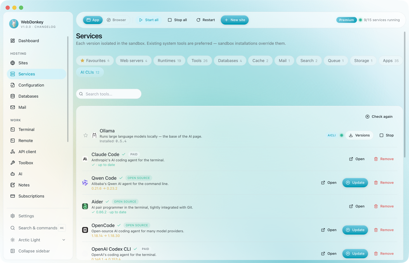 Services page with the AI CLIs tab and the installable agents
