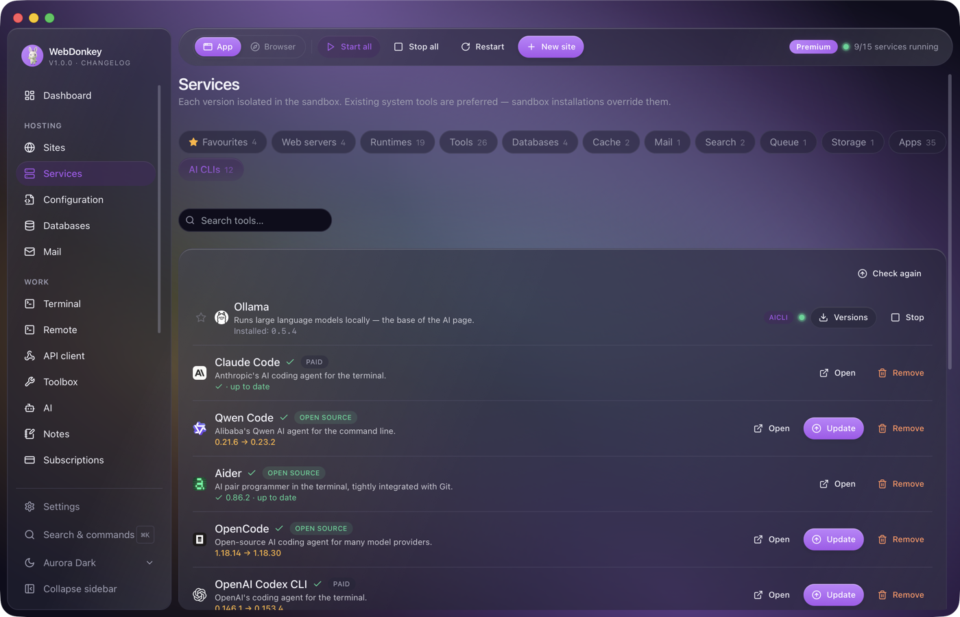 Services page with the AI CLIs tab and the installable agents