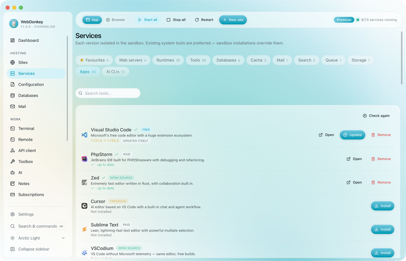 Services page with the Apps tab and a selection of installable programs