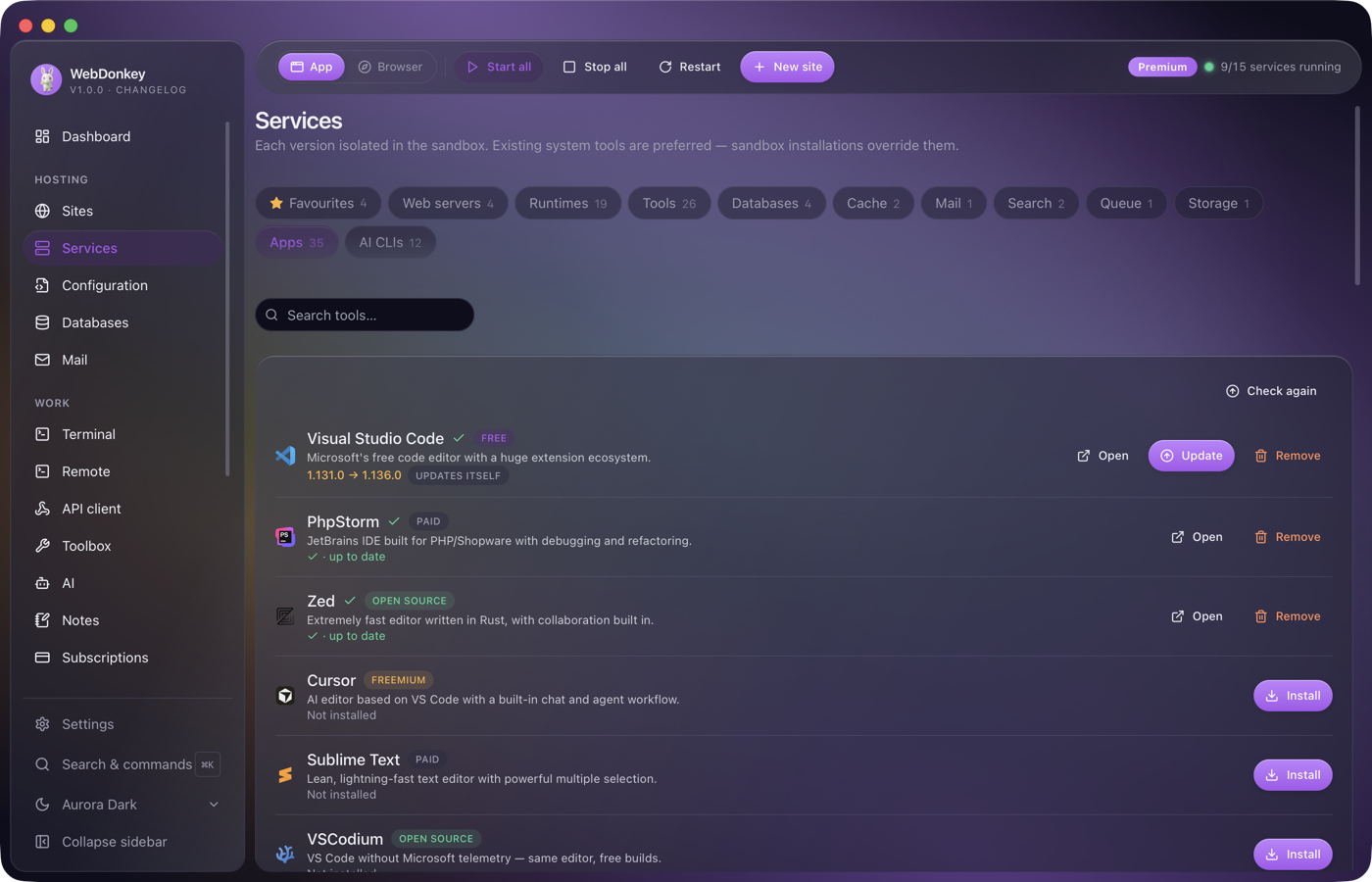 Services page with the Apps tab and a selection of installable programs