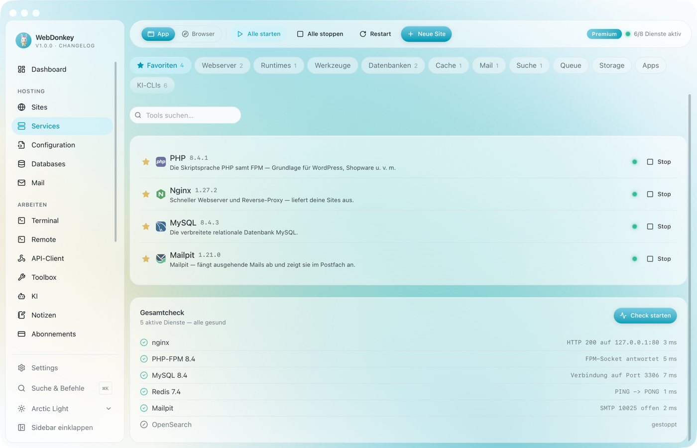 Health-Check-Panel mit einer Zeile je Dienst, Status und Antwortzeit