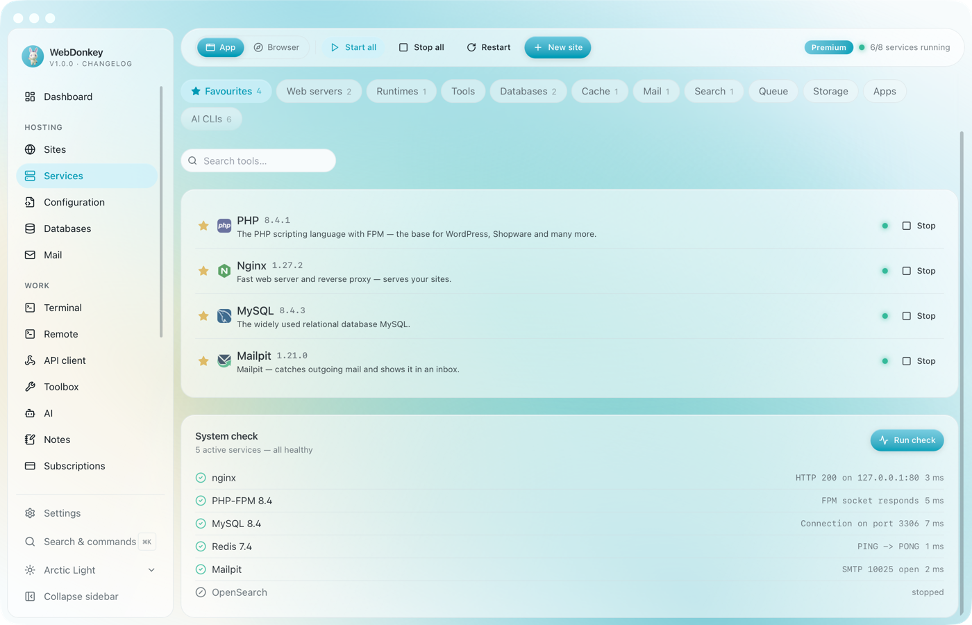 Health check panel with one row per service, status and response time