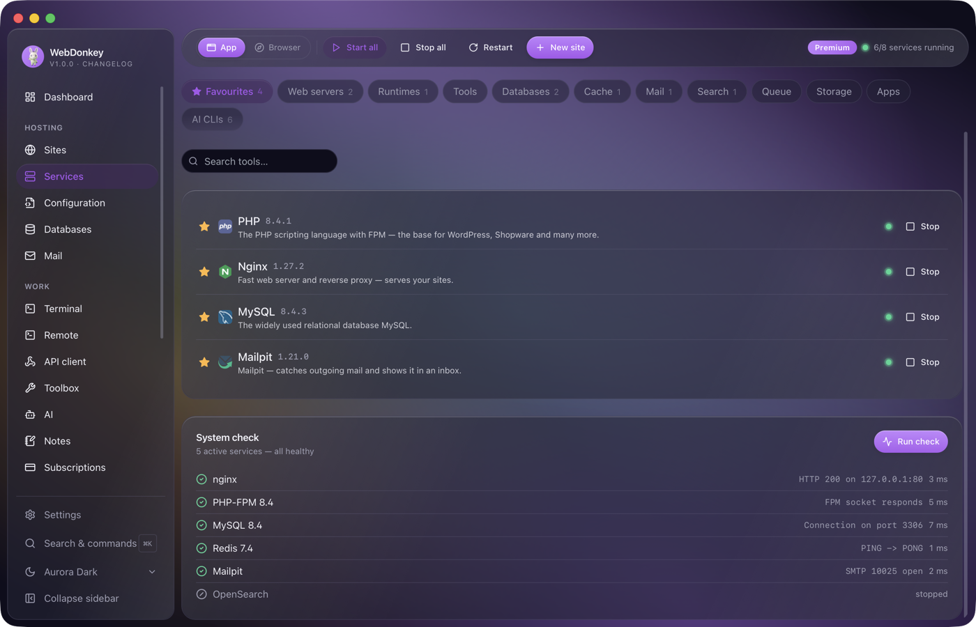 Health check panel with one row per service, status and response time