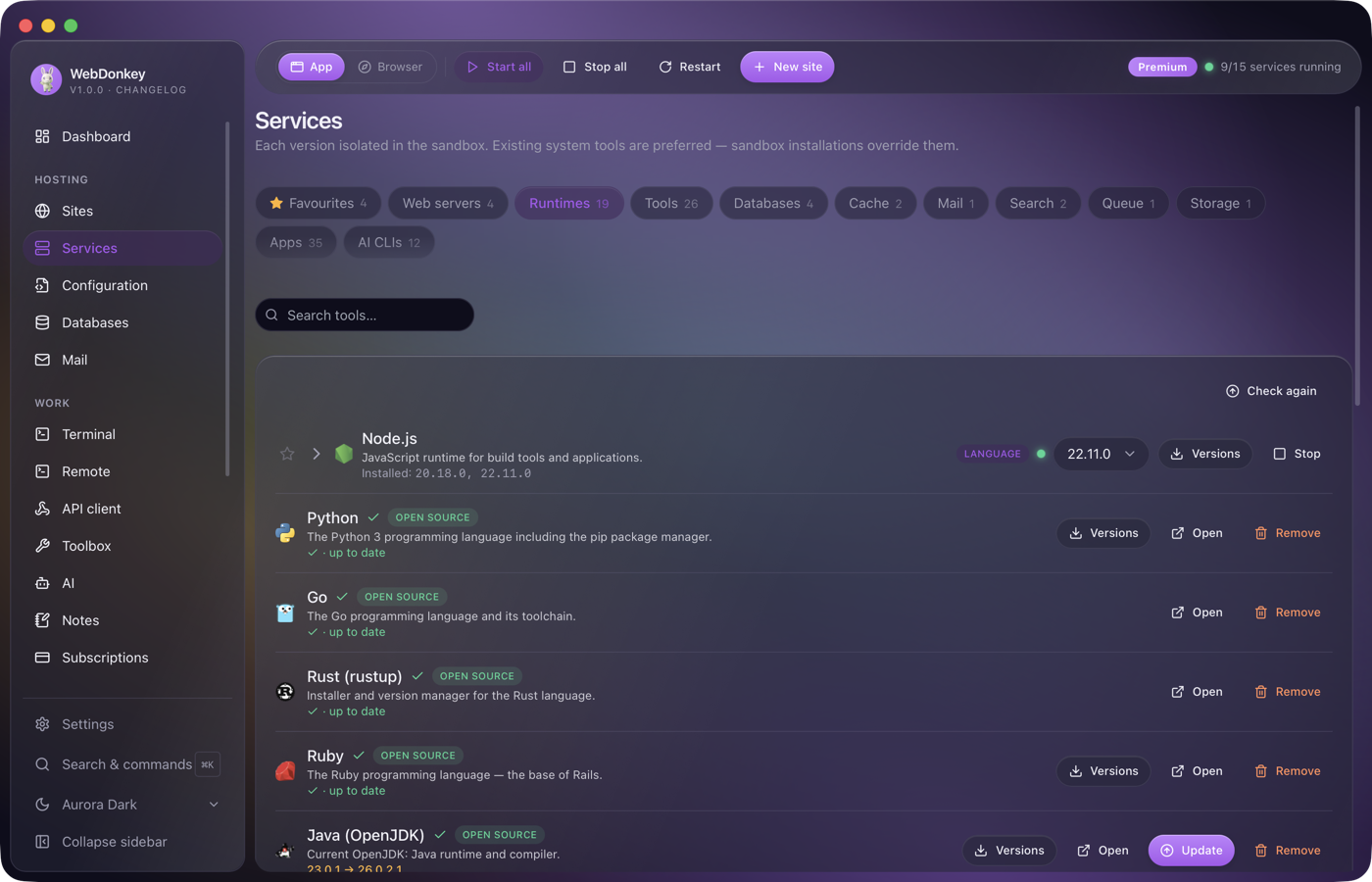 Services page with the Runtimes tab, PHP and Node in several versions below