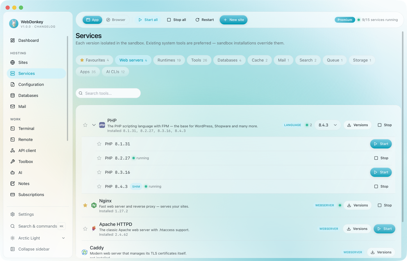 Services page with the PHP card expanded, several versions and the active choice