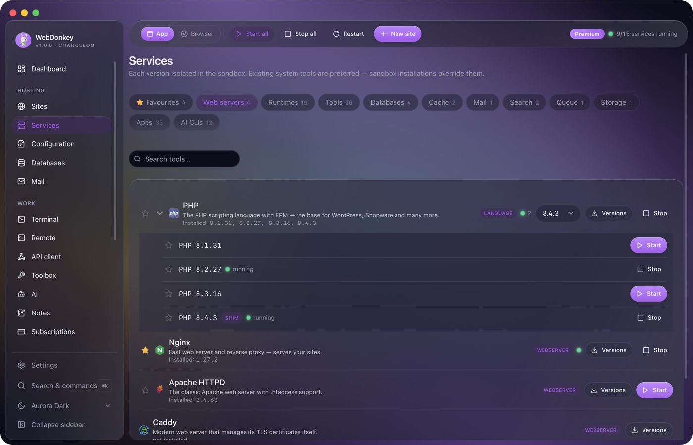 Services page with the PHP card expanded, several versions and the active choice