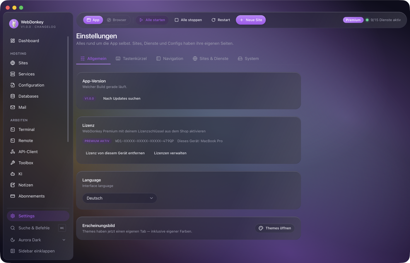 Einstellungen mit den Tabs Allgemein, Tastenkürzel, Navigation, Sites & Dienste und System, geöffnet ist Allgemein mit Version, Lizenz und Sprache