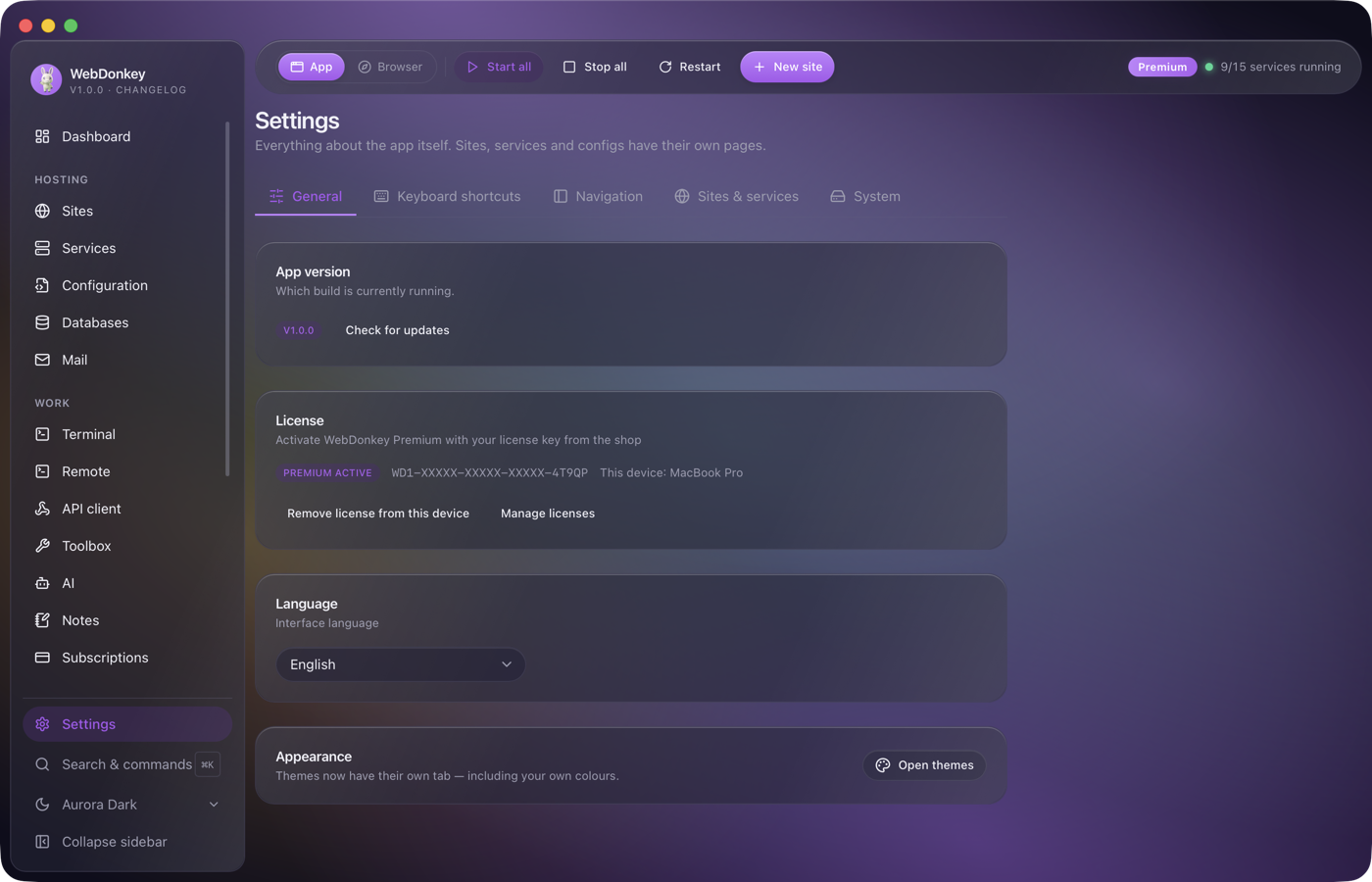 Settings with the tabs General, Keyboard shortcuts, Navigation, Sites & services and System, General open with version, licence and language
