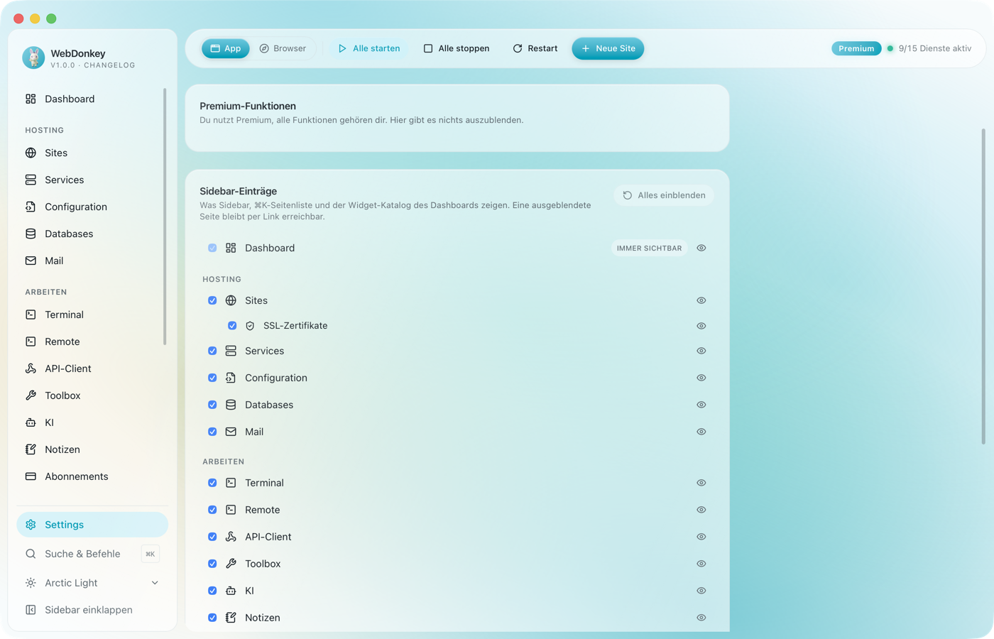 Der Tab Navigation mit dem Schalter für Premium-Funktionen und der Liste aller Sidebar-Einträge mit Häkchen