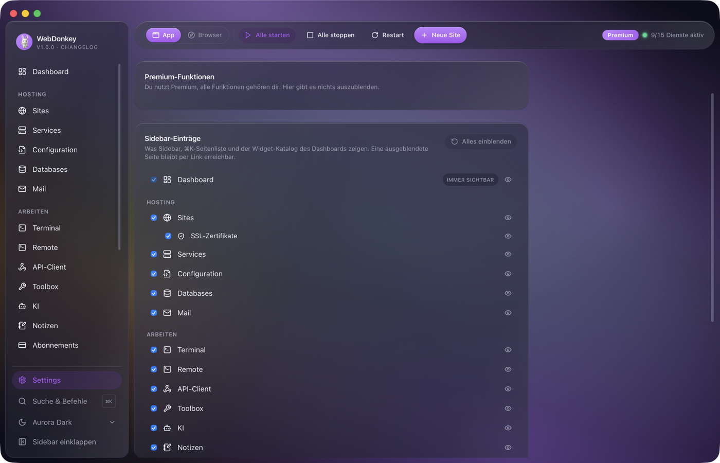 Der Tab Navigation mit dem Schalter für Premium-Funktionen und der Liste aller Sidebar-Einträge mit Häkchen
