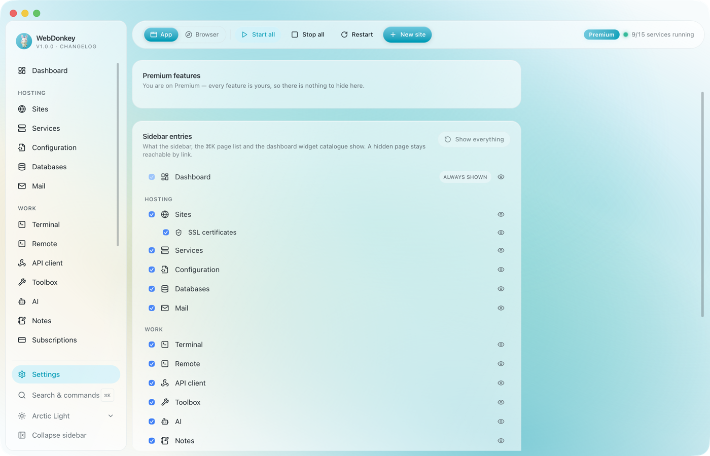 The Navigation tab with the Premium features switch and the list of all sidebar entries with checkboxes