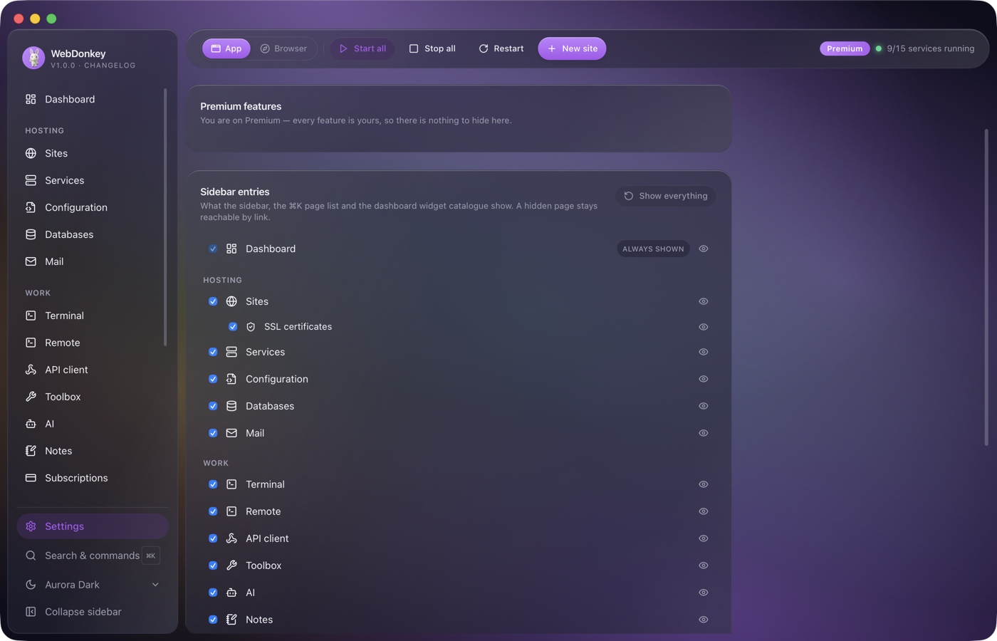 The Navigation tab with the Premium features switch and the list of all sidebar entries with checkboxes
