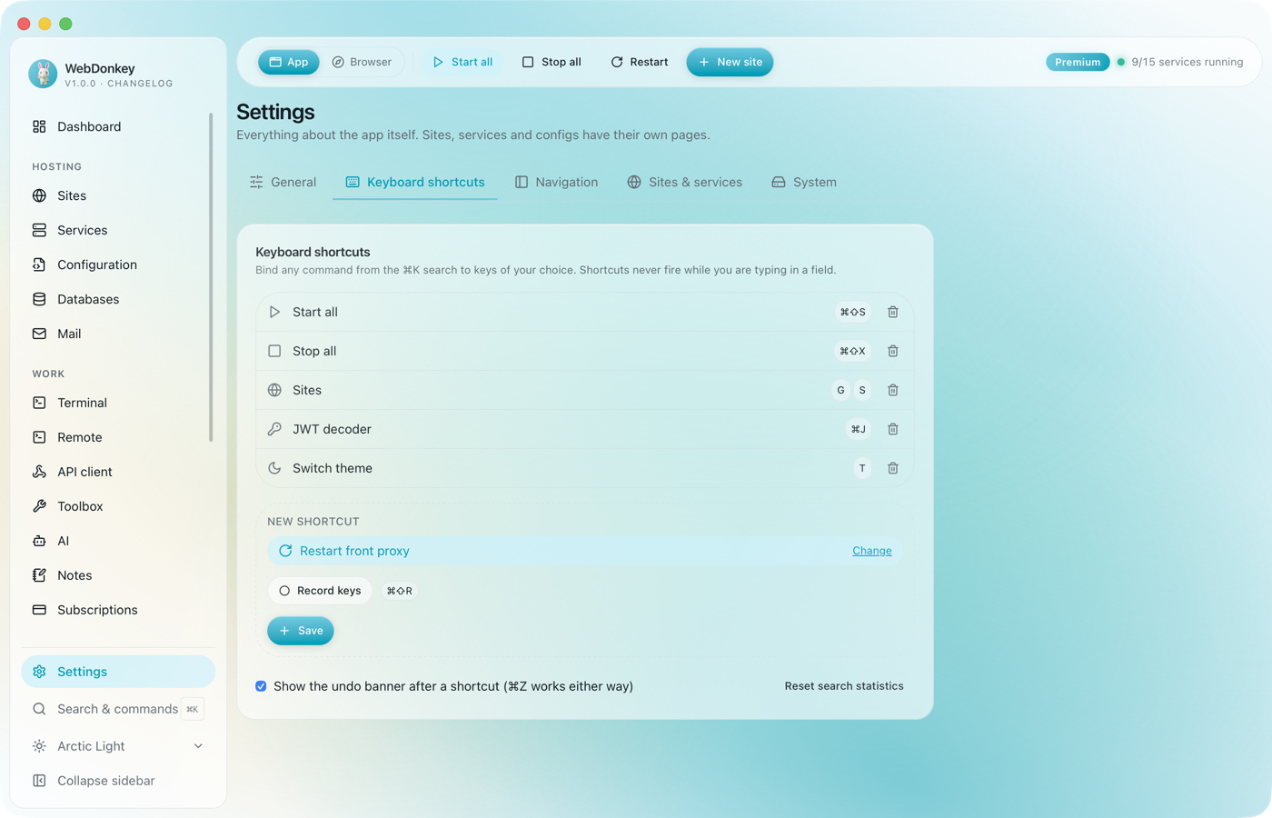 Settings with the Keyboard shortcuts section, a list of bound shortcuts and the recording field for a new one
