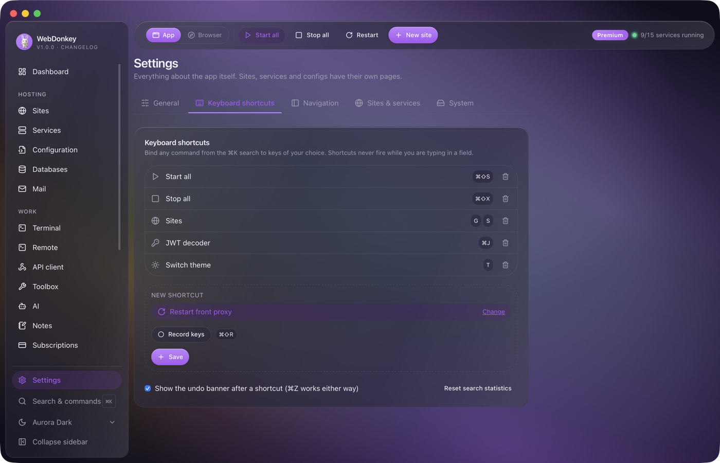 Settings with the Keyboard shortcuts section, a list of bound shortcuts and the recording field for a new one