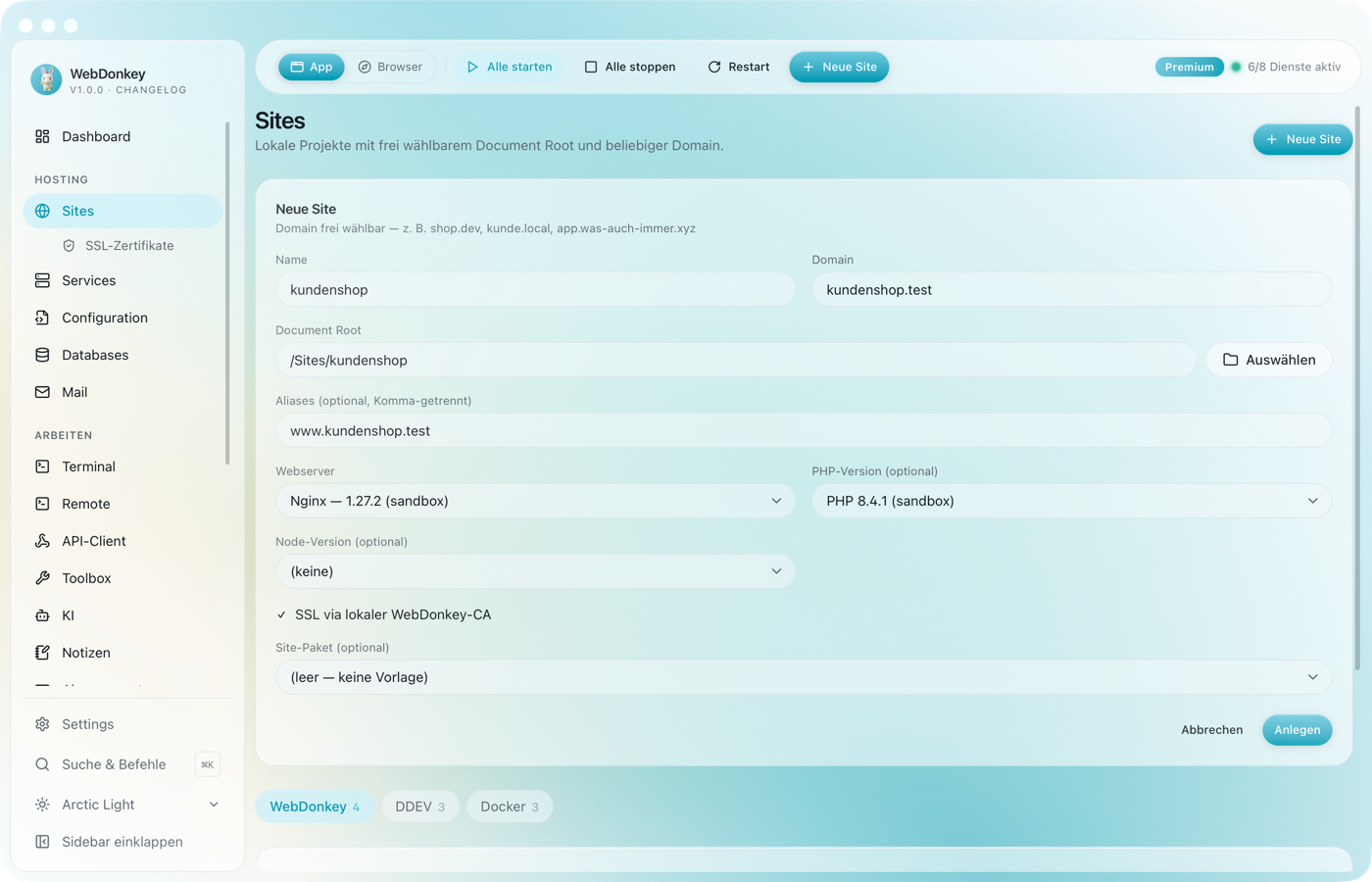 Dialog Neue Site mit ausgefüllten Feldern für Domain, Ordner, Webserver, PHP-Version und SSL
