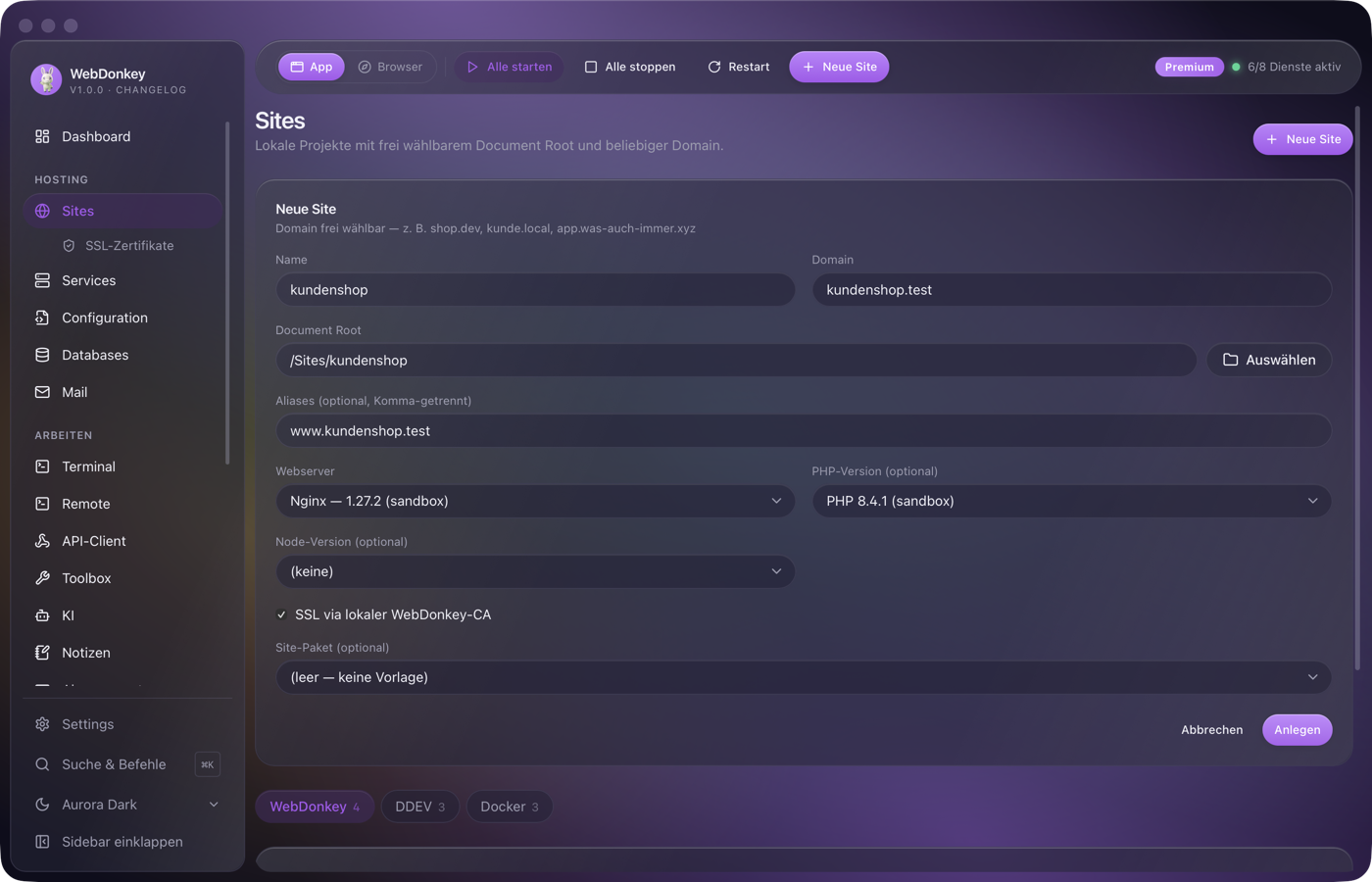 Dialog Neue Site mit ausgefüllten Feldern für Domain, Ordner, Webserver, PHP-Version und SSL