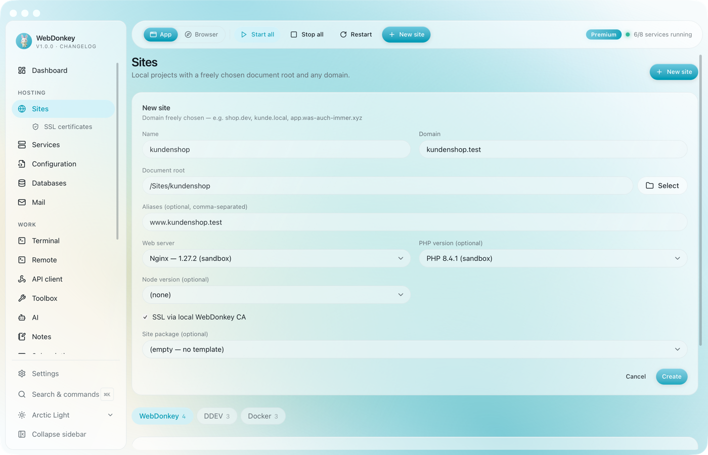 New site dialog with domain, folder, web server, PHP version and SSL filled in