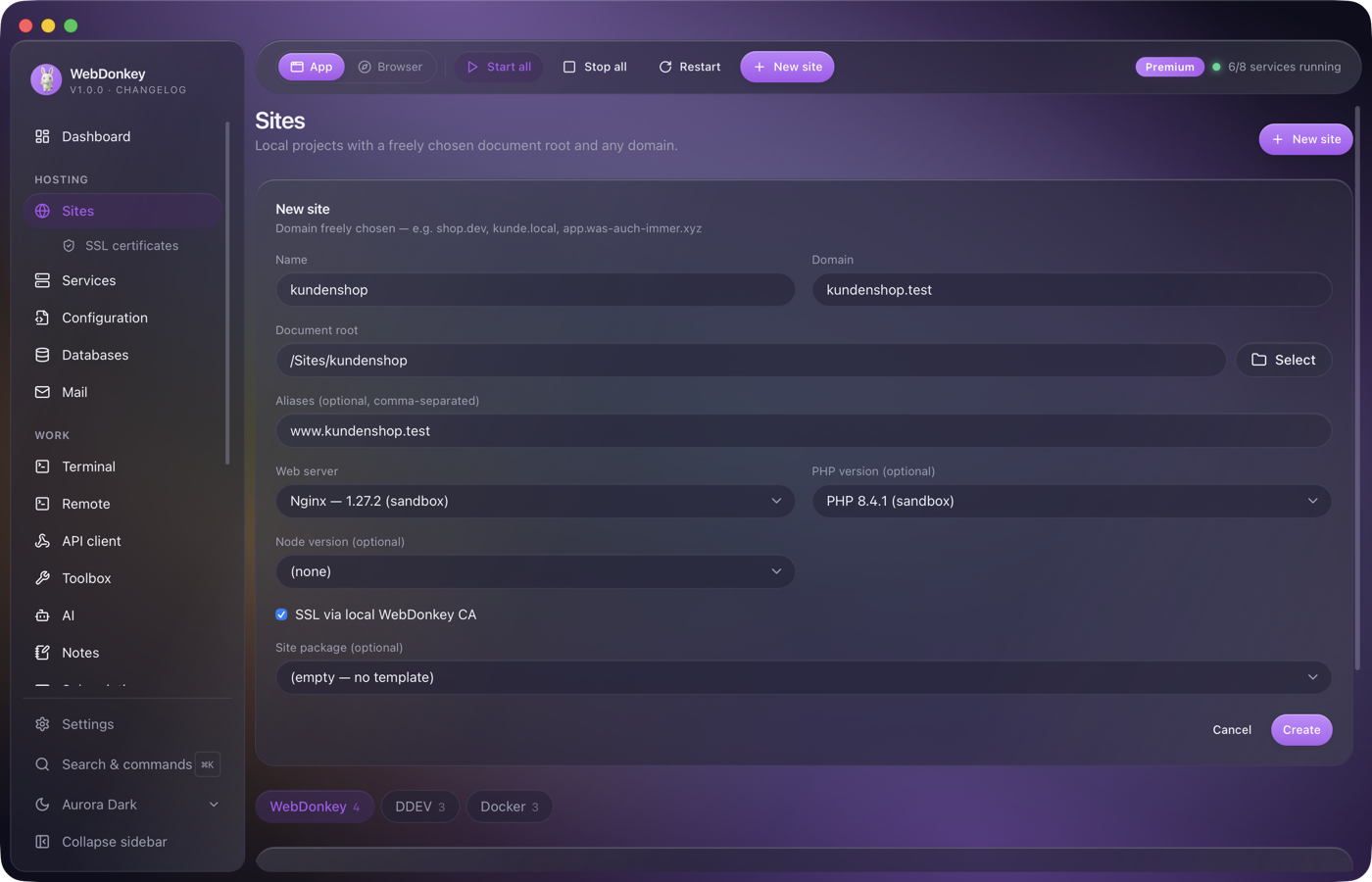 New site dialog with domain, folder, web server, PHP version and SSL filled in