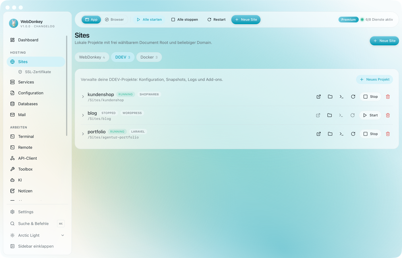 Sites-Seite mit dem DDEV-Tab, drei Projekte mit Status und Typ