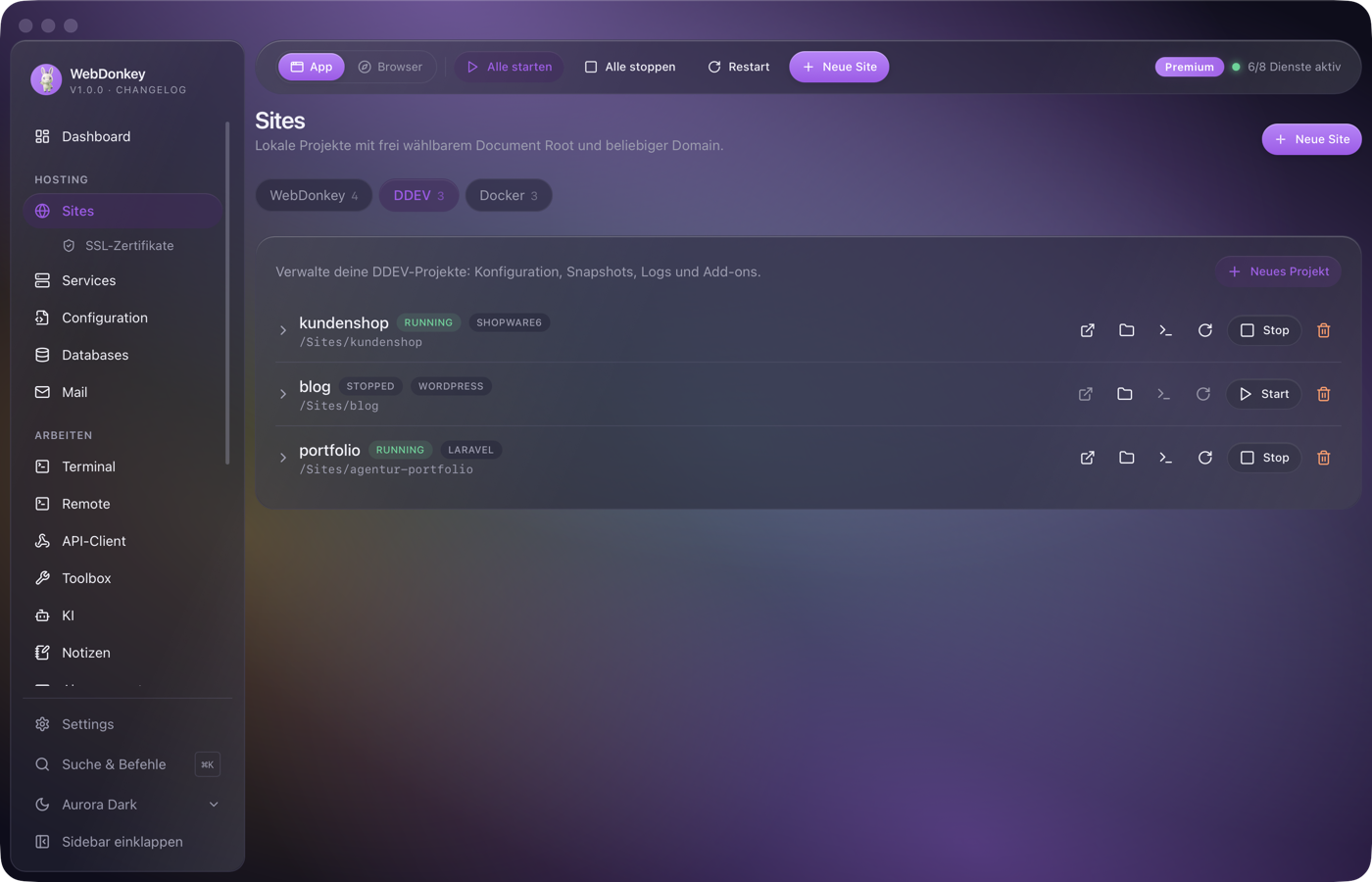 Sites-Seite mit dem DDEV-Tab, drei Projekte mit Status und Typ