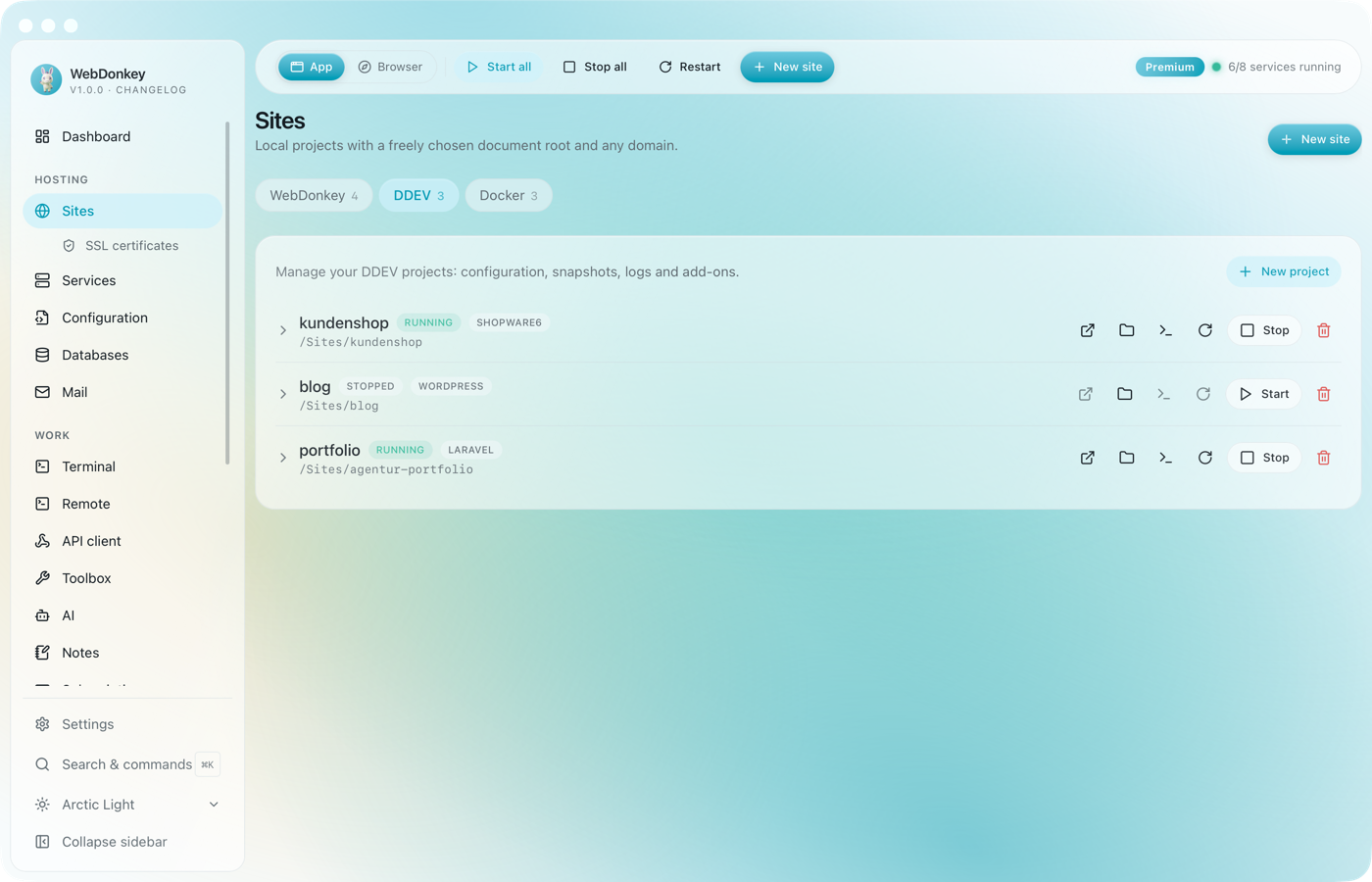 Sites page with the DDEV tab, three projects with status and type