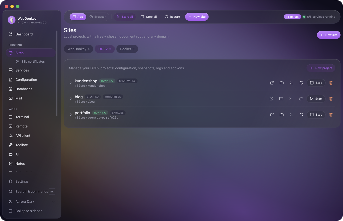 Sites page with the DDEV tab, three projects with status and type