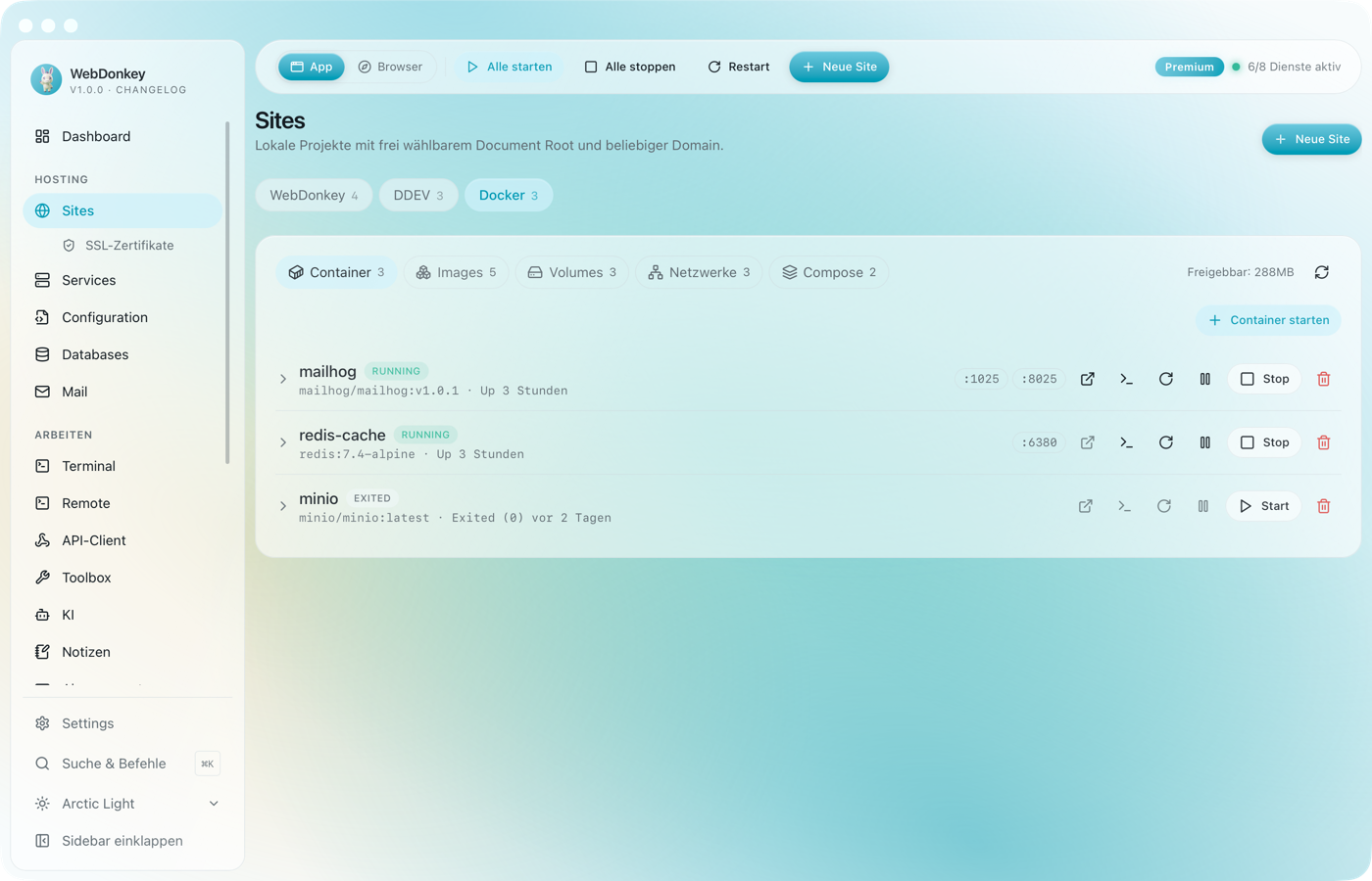 Sites-Seite mit dem Docker-Tab und einer Liste laufender Container mit Ports