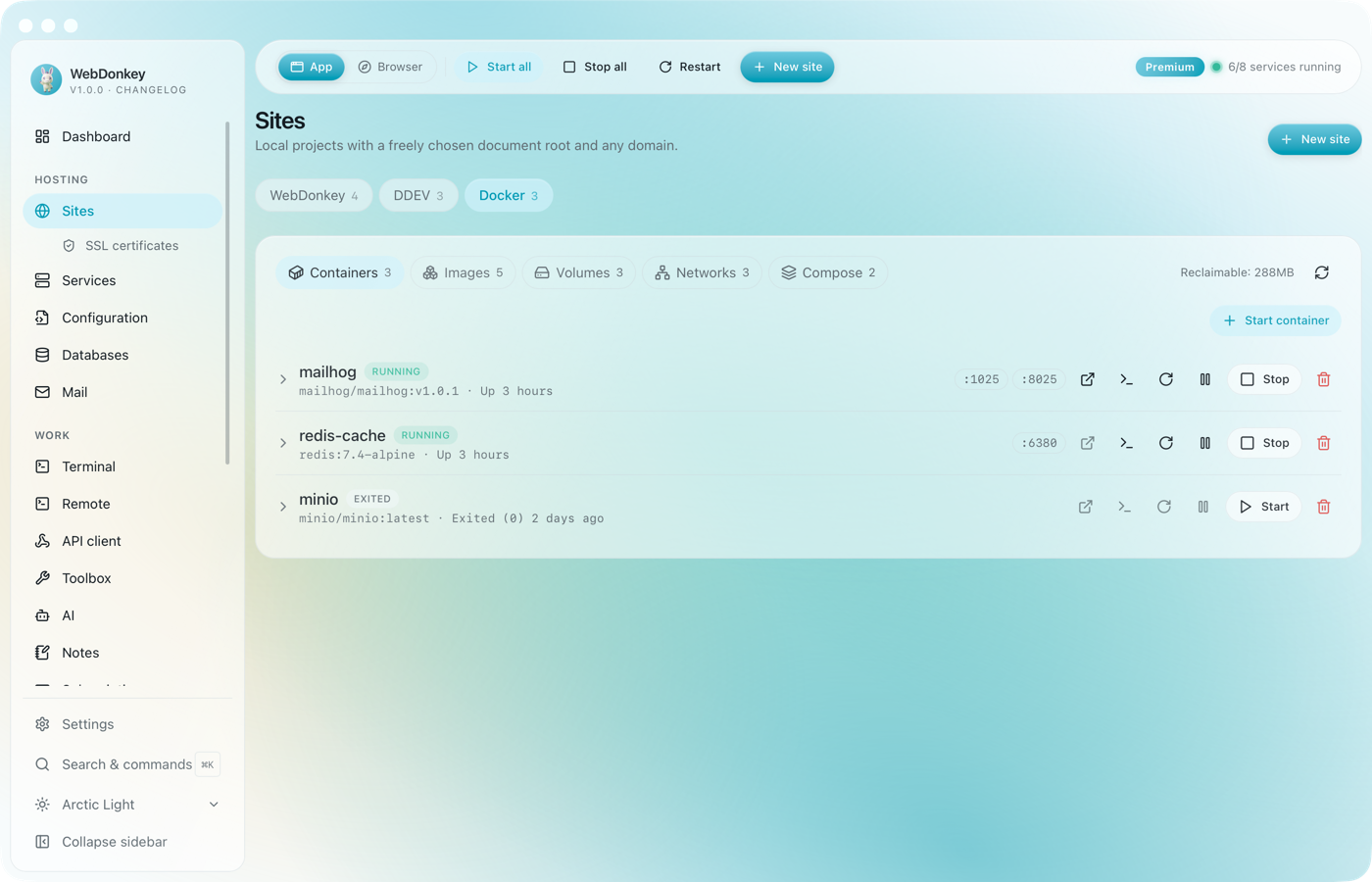 Sites page with the Docker tab and a list of running containers with ports
