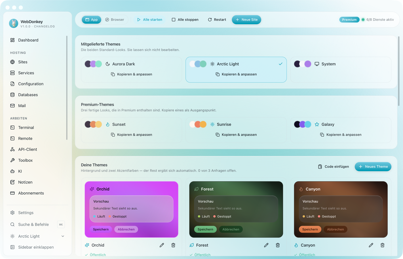 Themes-Seite mit den mitgelieferten Themes und den Presets als Karten