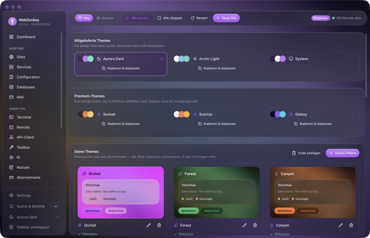 Themes-Seite mit den mitgelieferten Themes und den Presets als Karten