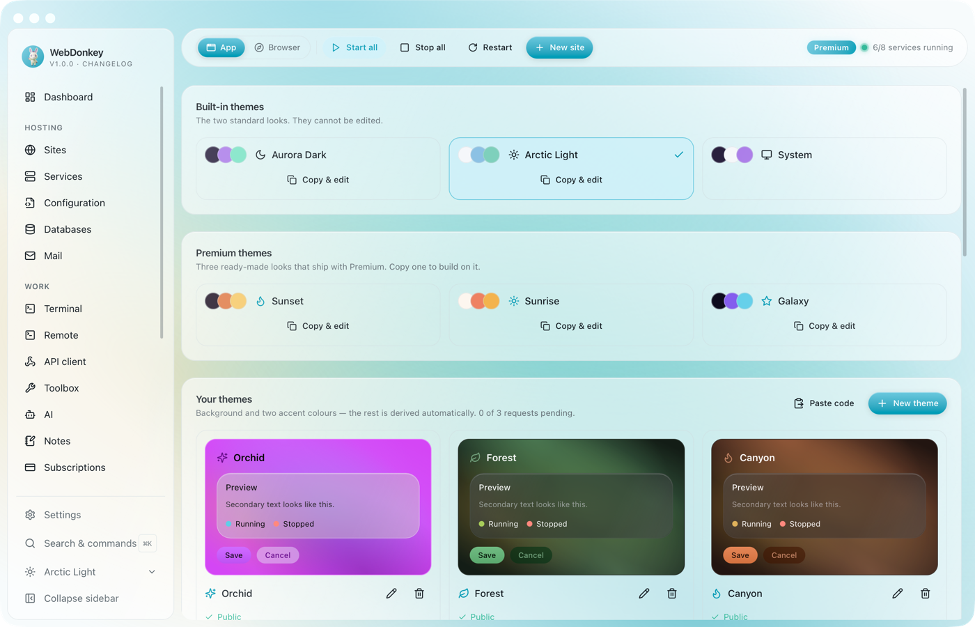 Themes page with the built-in themes and the presets as cards