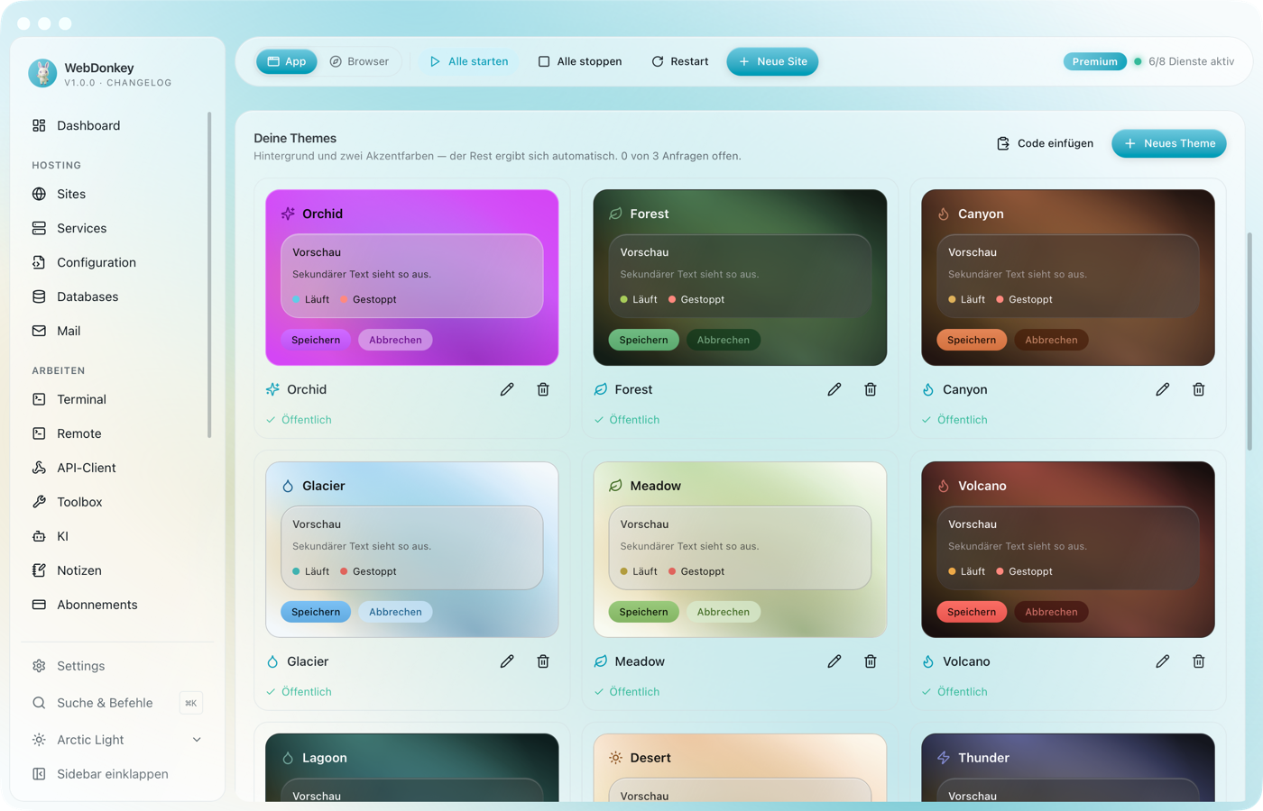 Themes-Seite mit den selbst gebauten Themes