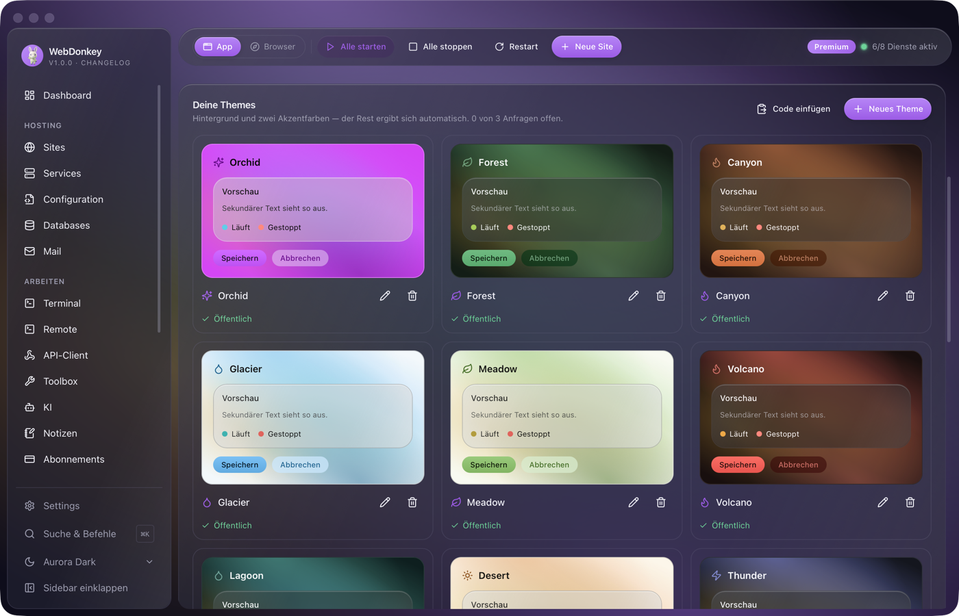 Themes-Seite mit den selbst gebauten Themes