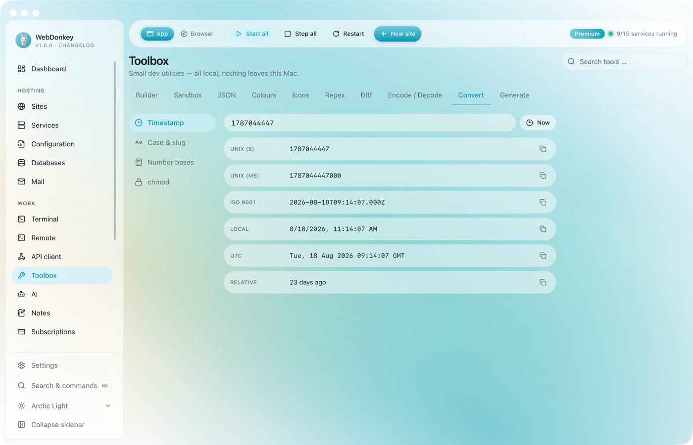 Timestamp tool with a Unix timestamp and its conversions to local time and ISO